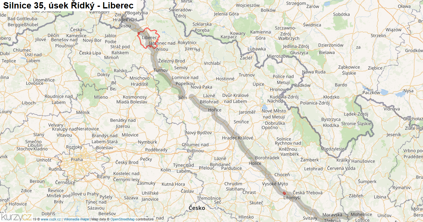 Úsek Řídký - Liberec, Silnice 35 - Mapa
