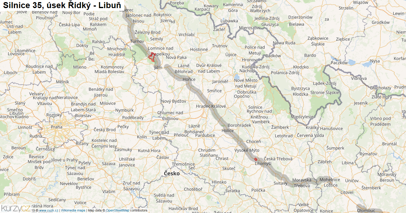 Úsek Řídký - Libuň, Silnice 35 - Mapa