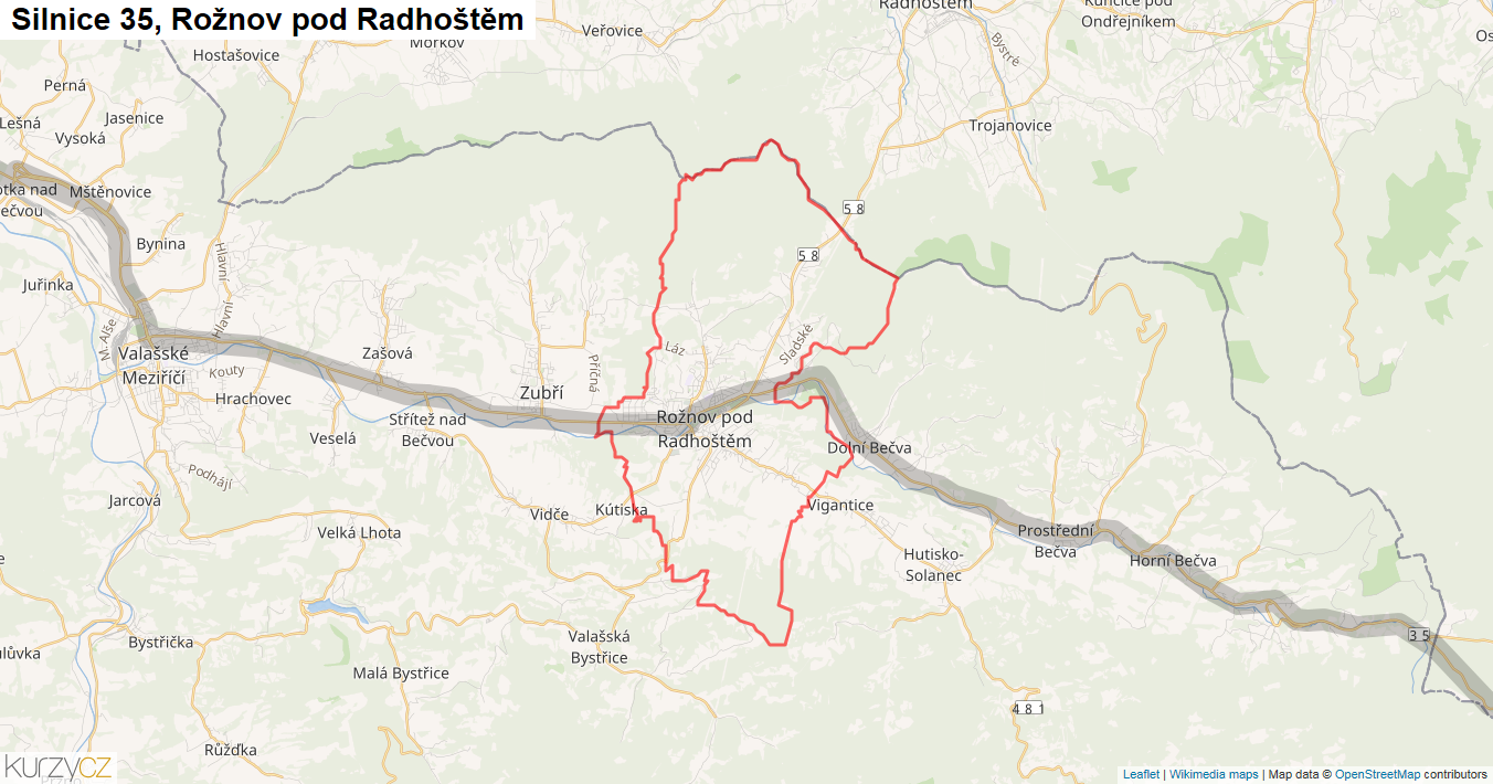 Rožnov pod Radhoštěm, Silnice 35 - Mapa