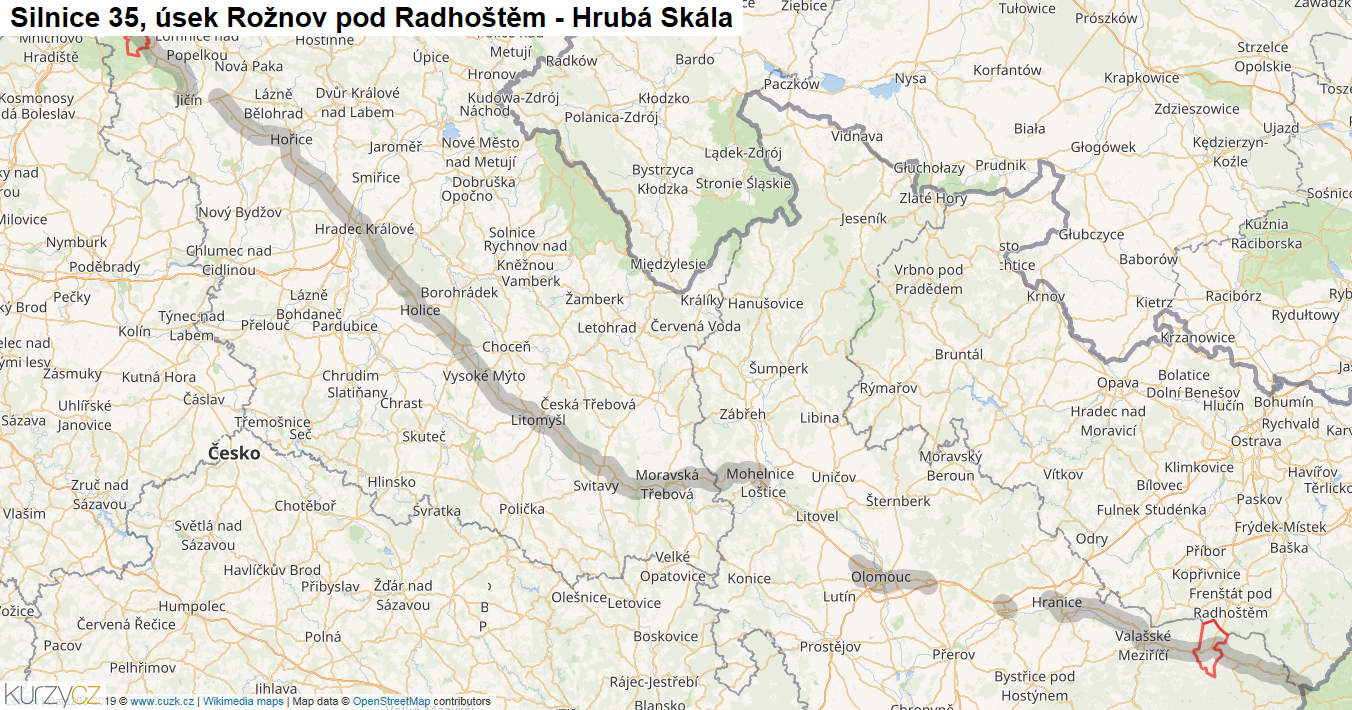 Úsek Rožnov pod Radhoštěm - Hrubá Skála, Silnice 35 - Mapa