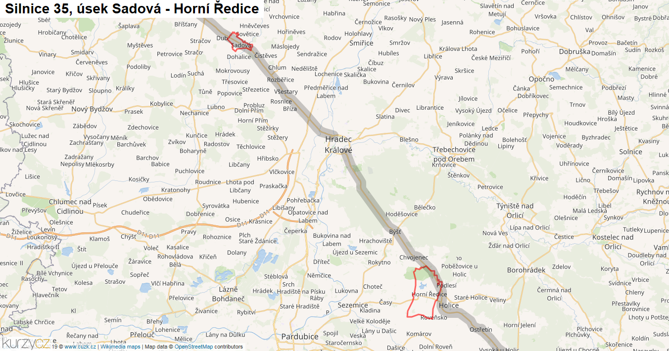 Úsek Sadová - Horní Ředice, Silnice 35 - Mapa