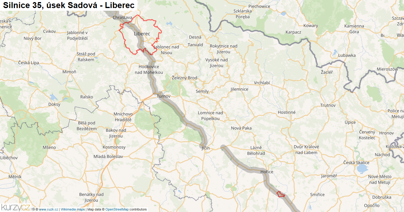 Úsek Sadová - Liberec, Silnice 35 - Mapa