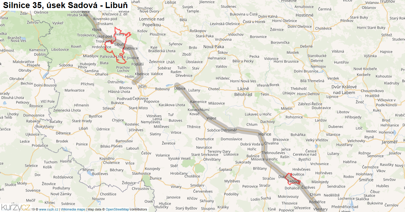 Úsek Sadová - Libuň, Silnice 35 - Mapa