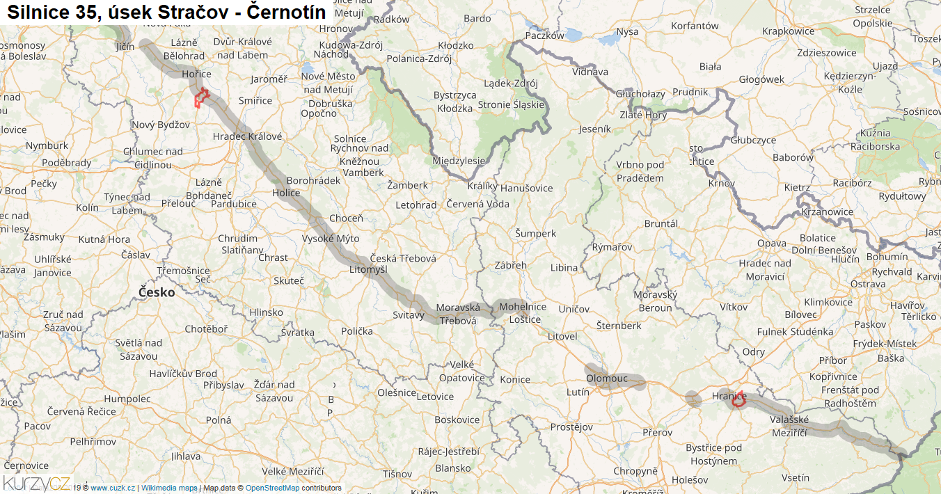 Úsek Stračov - Černotín, Silnice 35 - Mapa