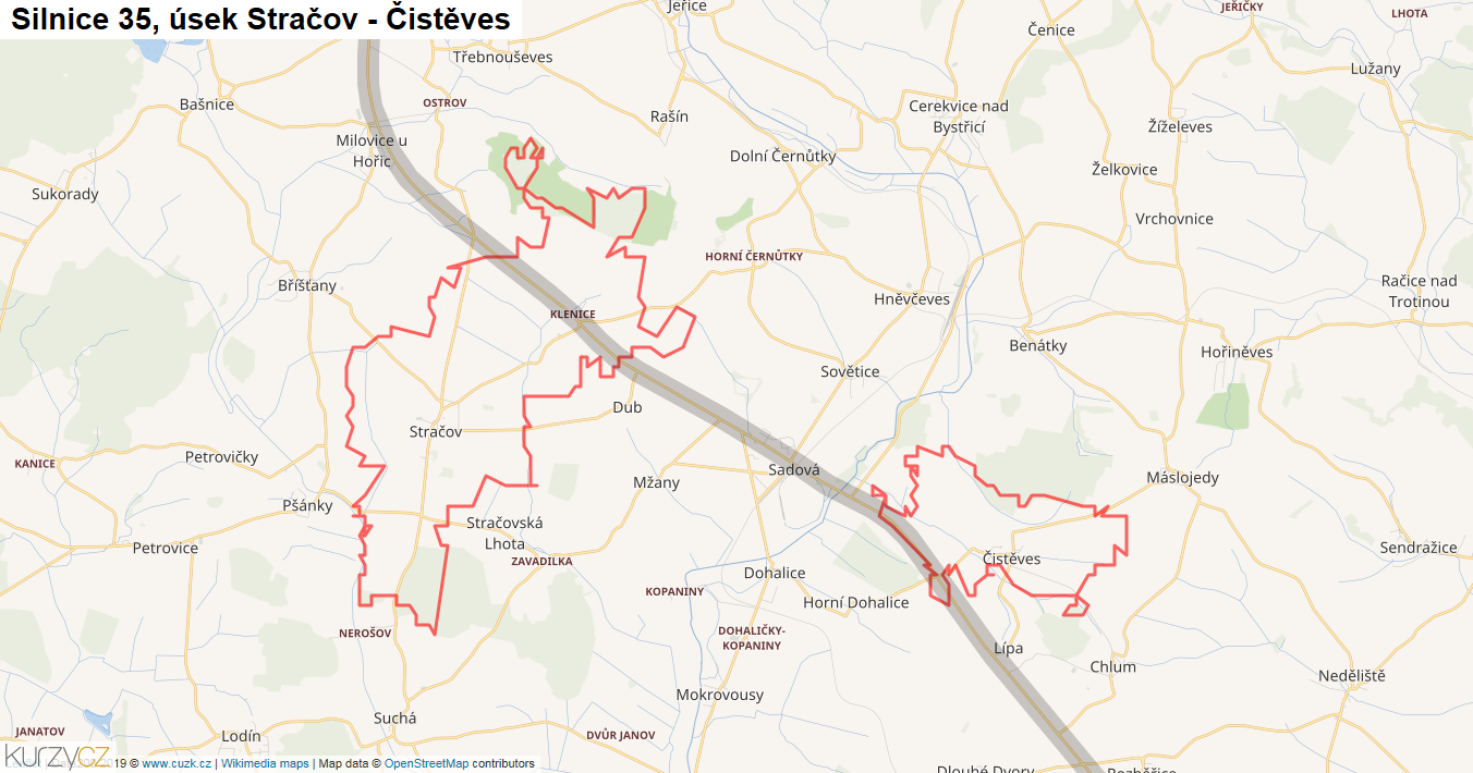Úsek Stračov - Čistěves, Silnice 35 - Mapa