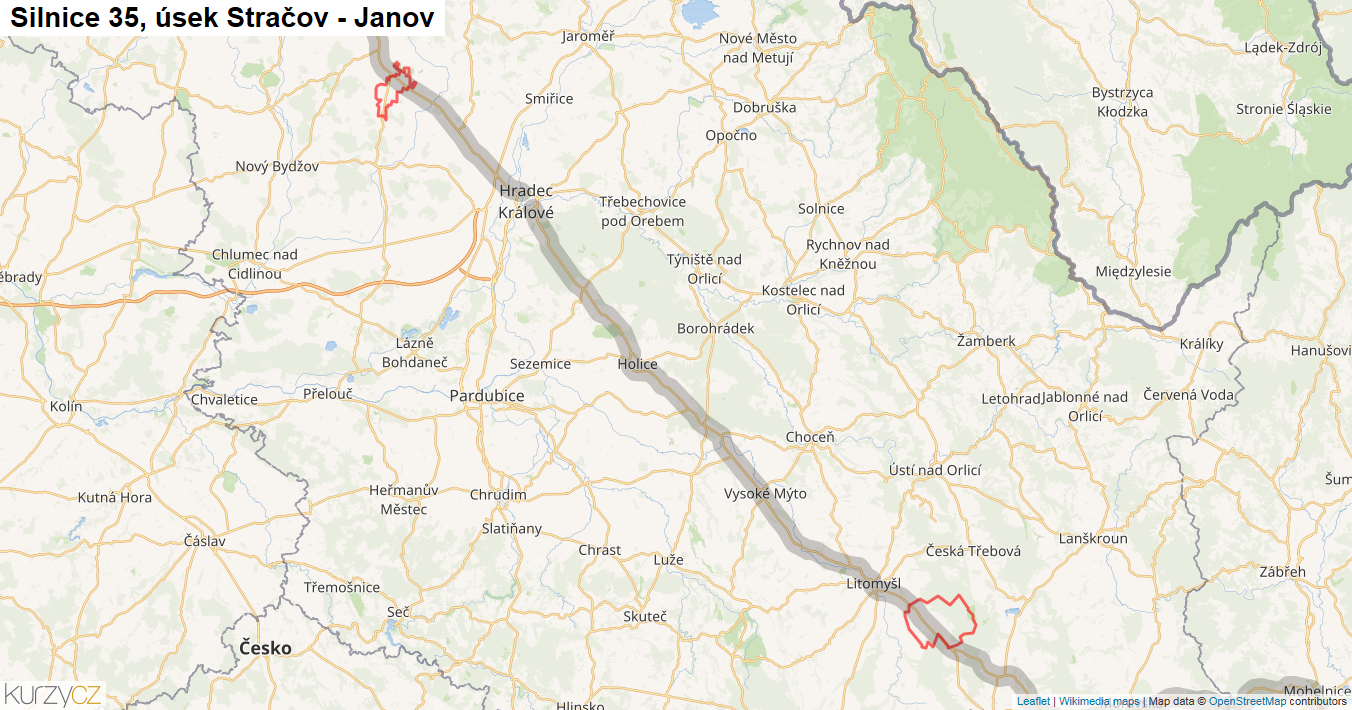 Úsek Stračov - Janov, Silnice 35 - Mapa