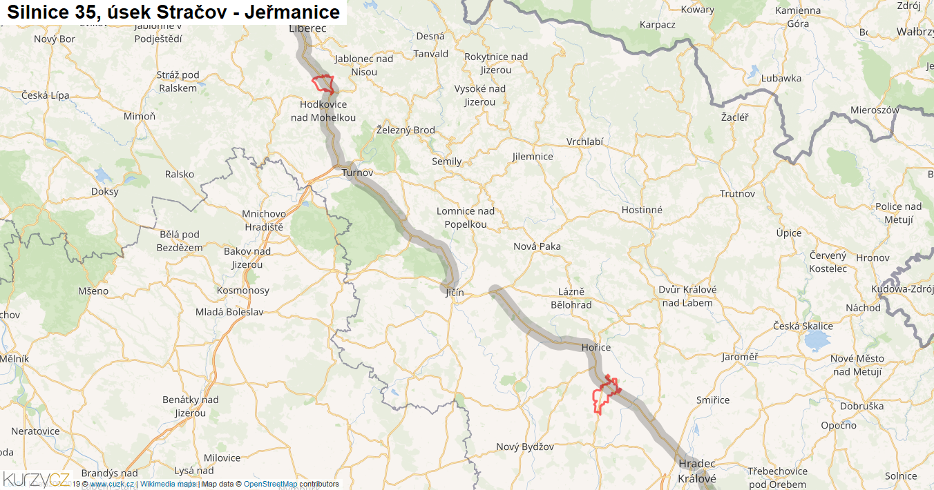 Úsek Stračov - Jeřmanice, Silnice 35 - Mapa