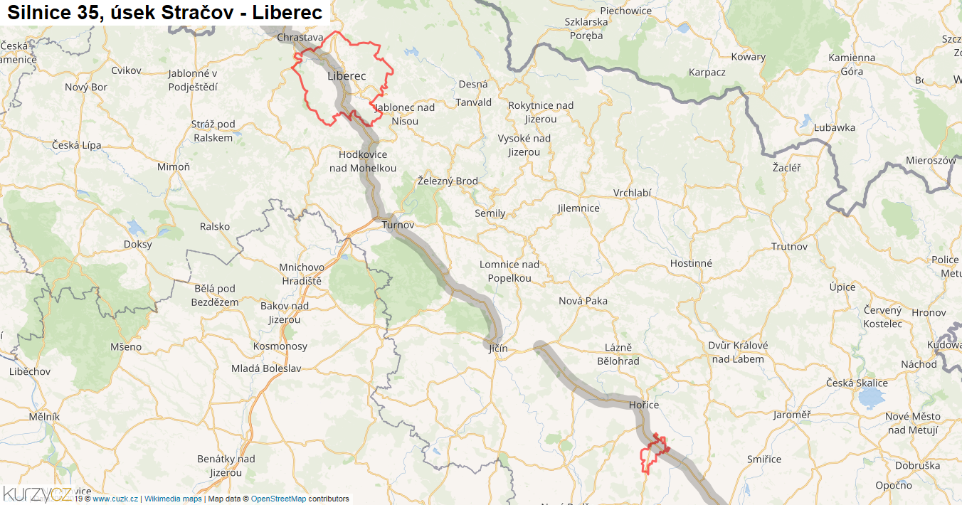 Úsek Stračov - Liberec, Silnice 35 - Mapa