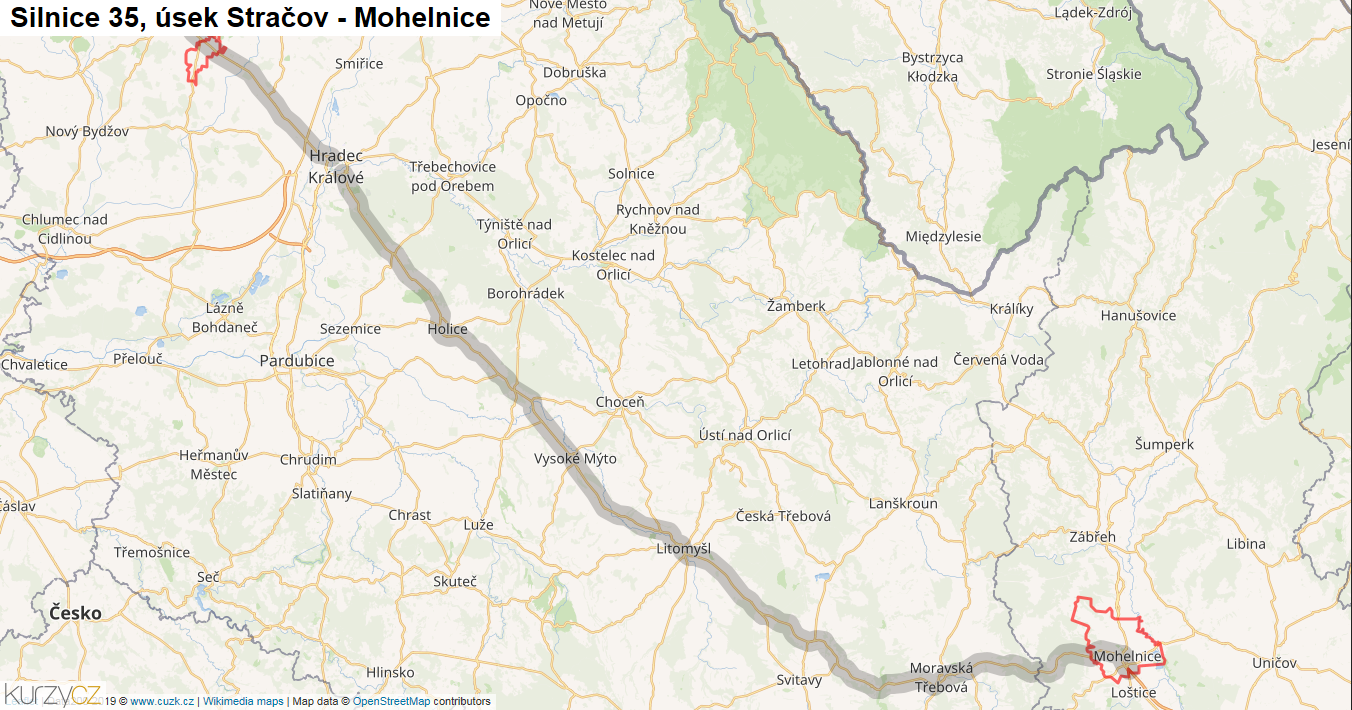 Úsek Stračov - Mohelnice, Silnice 35 - Mapa