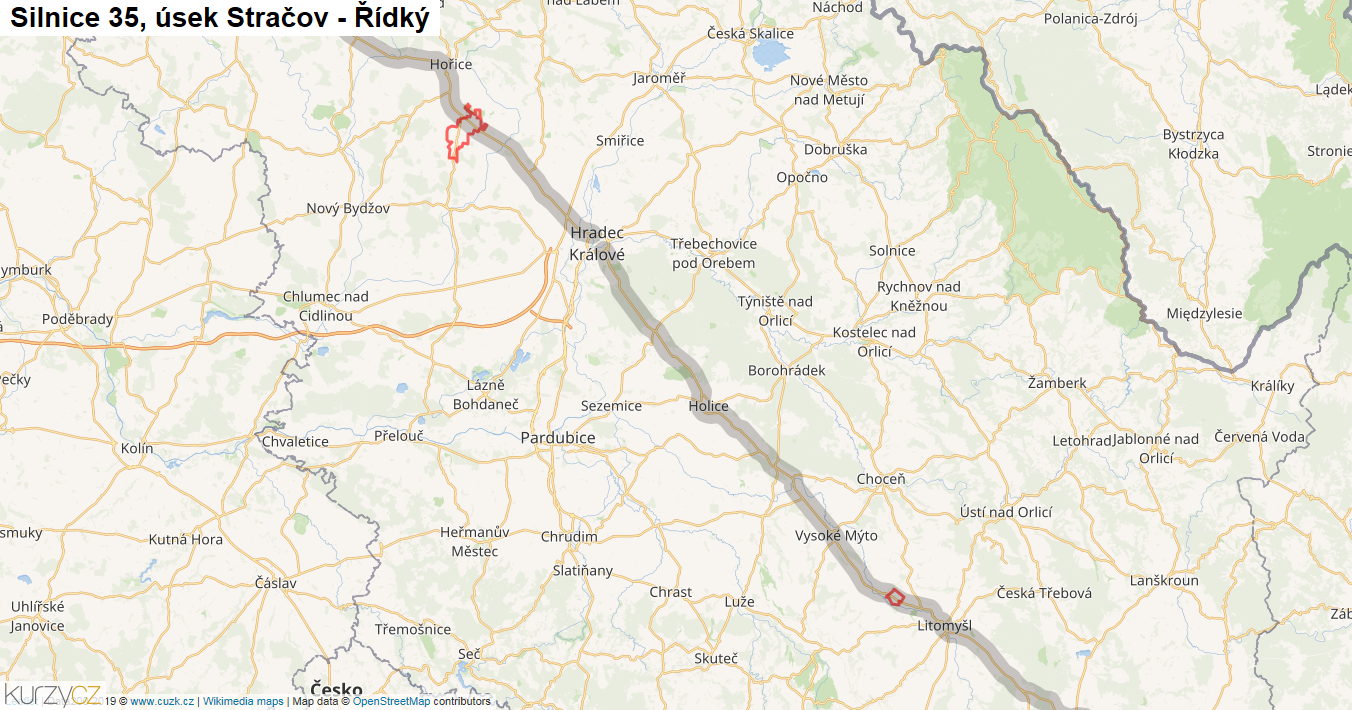 Úsek Stračov - Řídký, Silnice 35 - Mapa