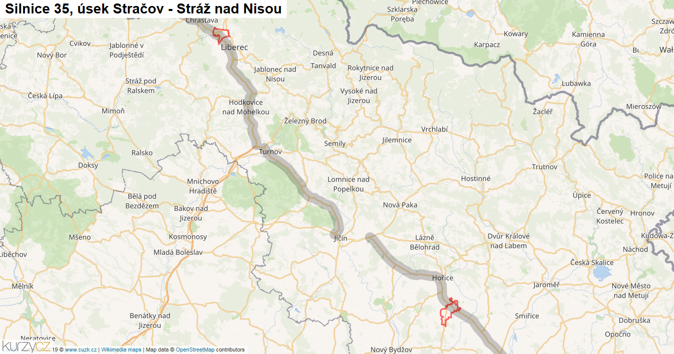 Úsek Stračov - Stráž nad Nisou, Silnice 35 - Mapa