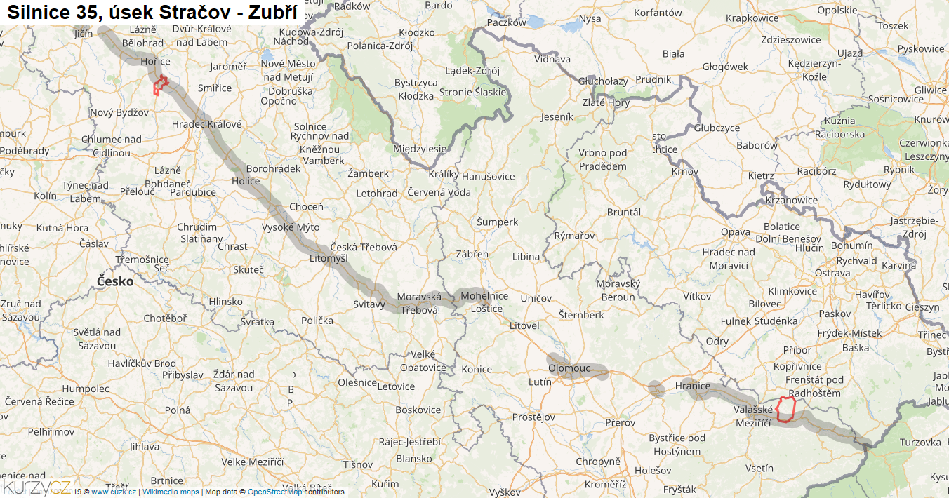 Úsek Stračov - Zubří, Silnice 35 - Mapa