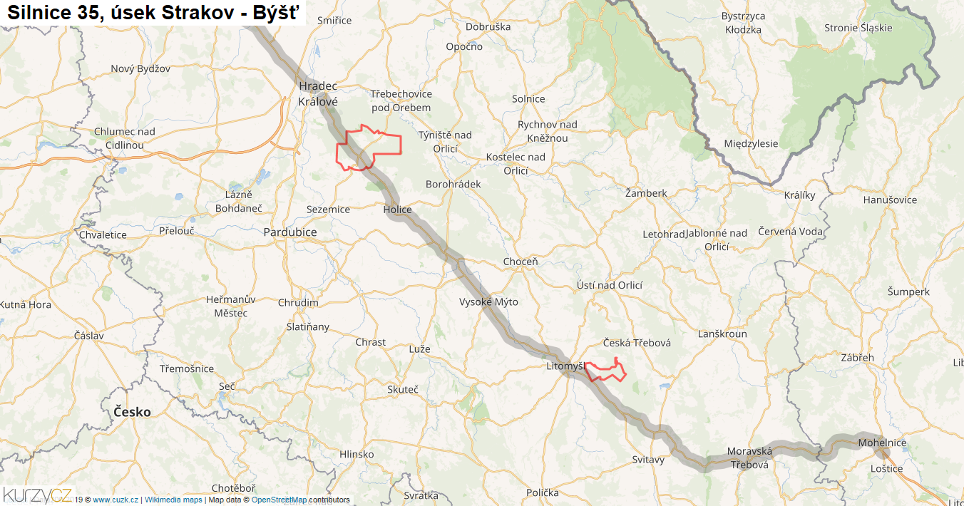 Úsek Strakov - Býšť, Silnice 35 - Mapa