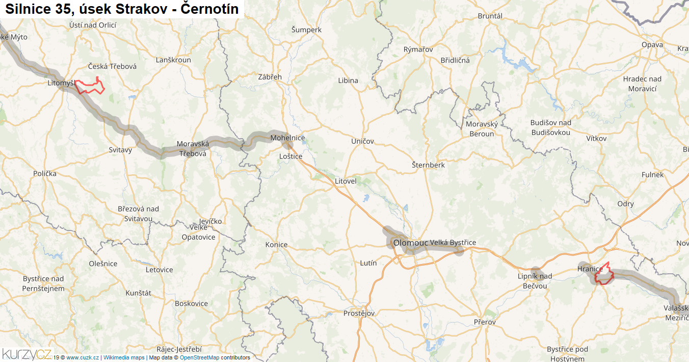 Úsek Strakov - Černotín, Silnice 35 - Mapa