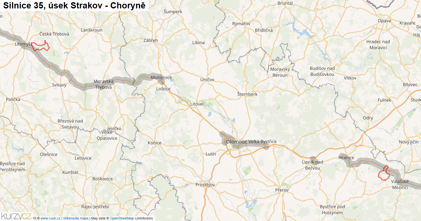 Úsek Strakov - Choryně, Silnice 35 - Mapa