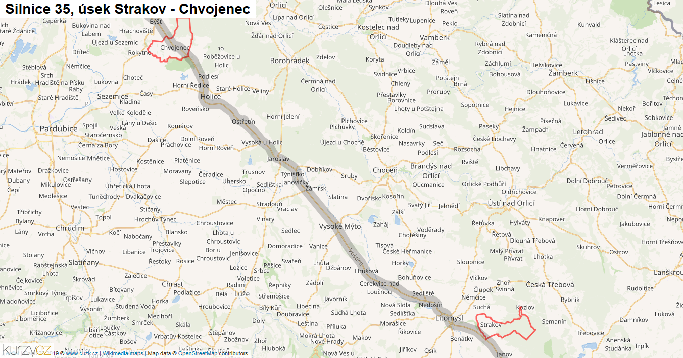 Úsek Strakov - Chvojenec, Silnice 35 - Mapa