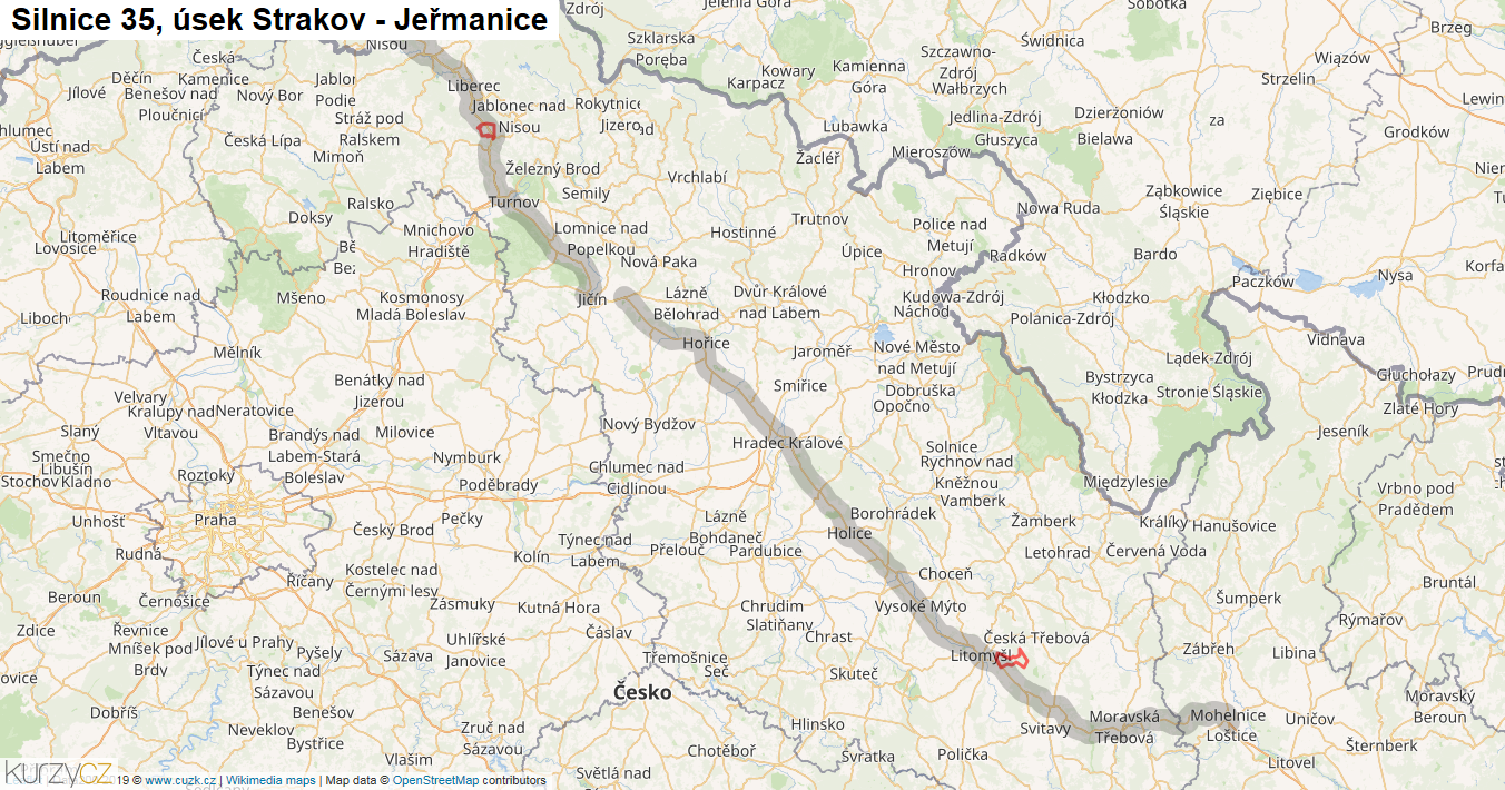 Úsek Strakov - Jeřmanice, Silnice 35 - Mapa