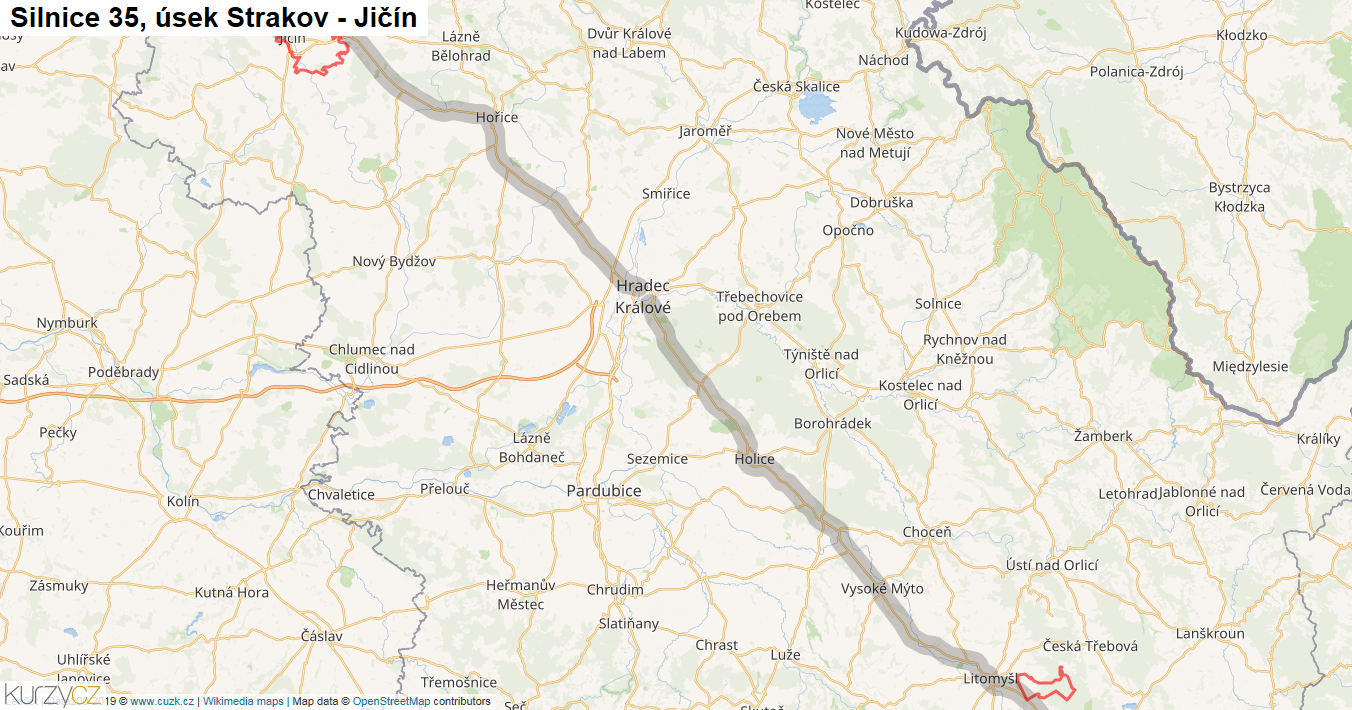 Úsek Strakov - Jičín, Silnice 35 - Mapa