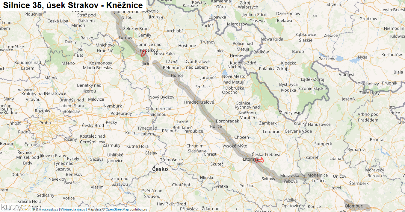 Úsek Strakov - Kněžnice, Silnice 35 - Mapa