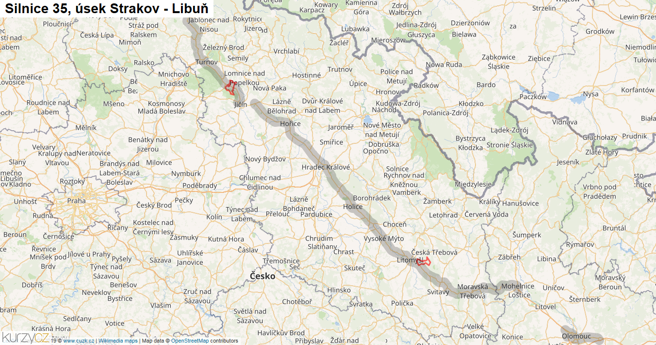 Úsek Strakov - Libuň, Silnice 35 - Mapa