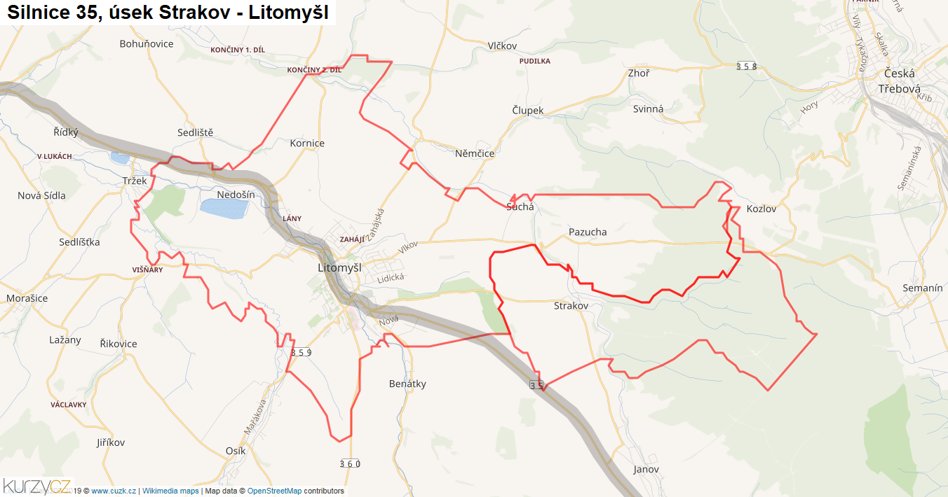 Úsek Strakov - Litomyšl, Silnice 35 - Mapa