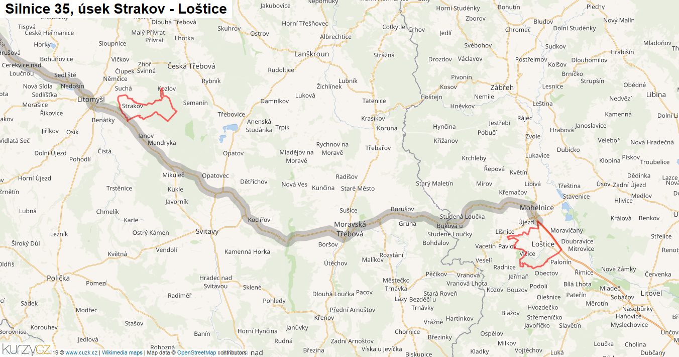 Úsek Strakov - Loštice, Silnice 35 - Mapa