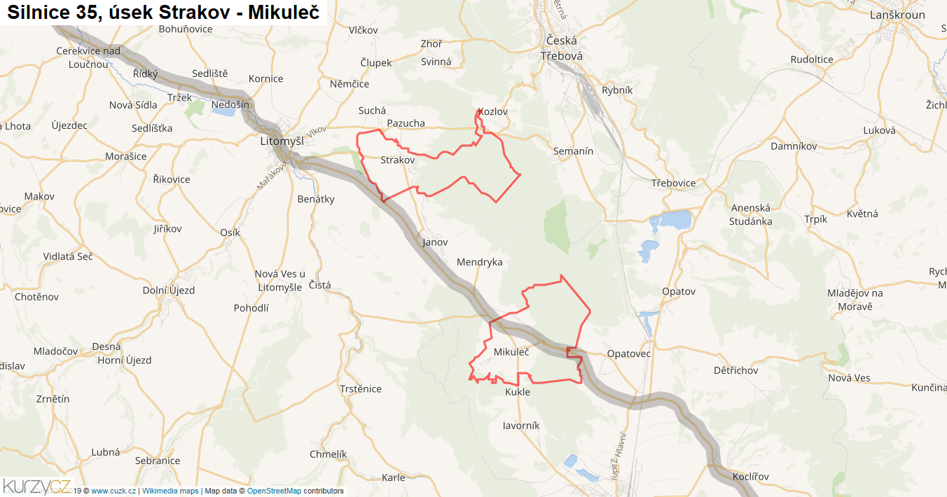 Úsek Strakov - Mikuleč, Silnice 35 - Mapa