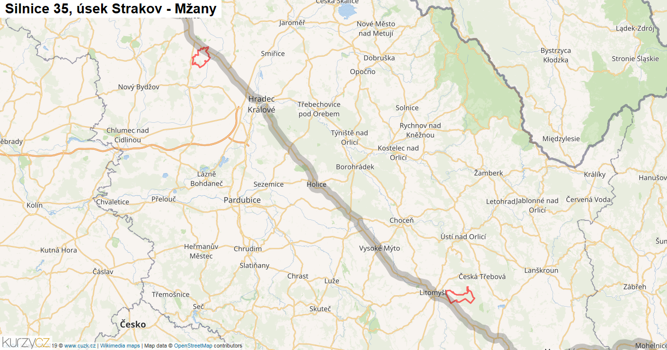 Úsek Strakov - Mžany, Silnice 35 - Mapa