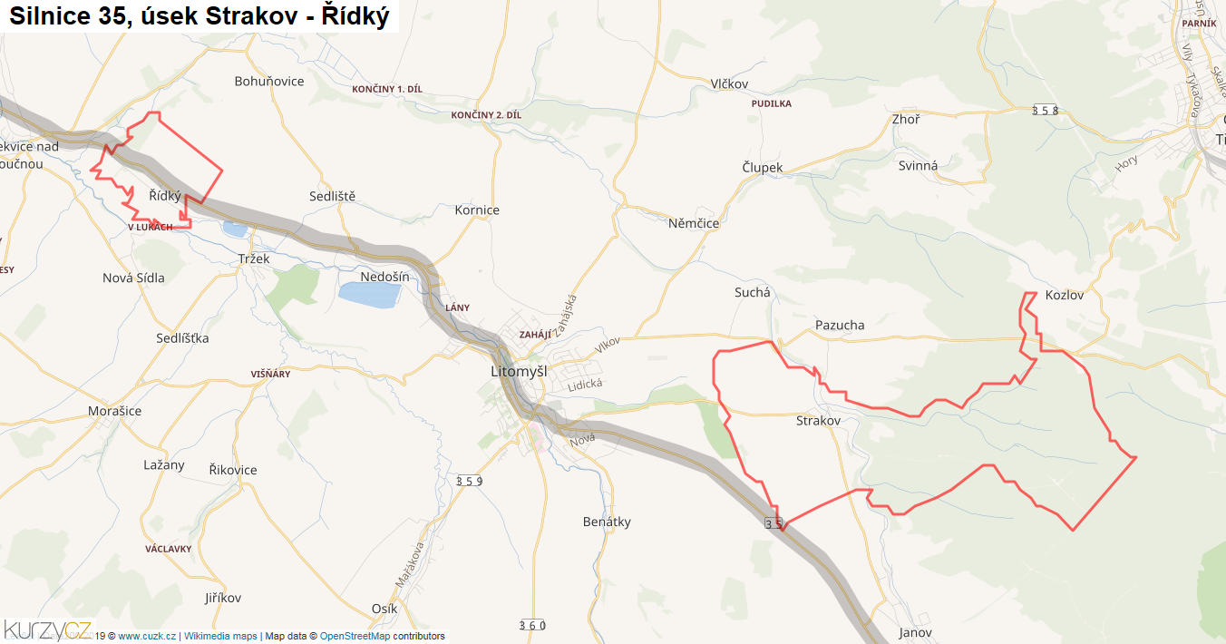 Úsek Strakov - Řídký, Silnice 35 - Mapa