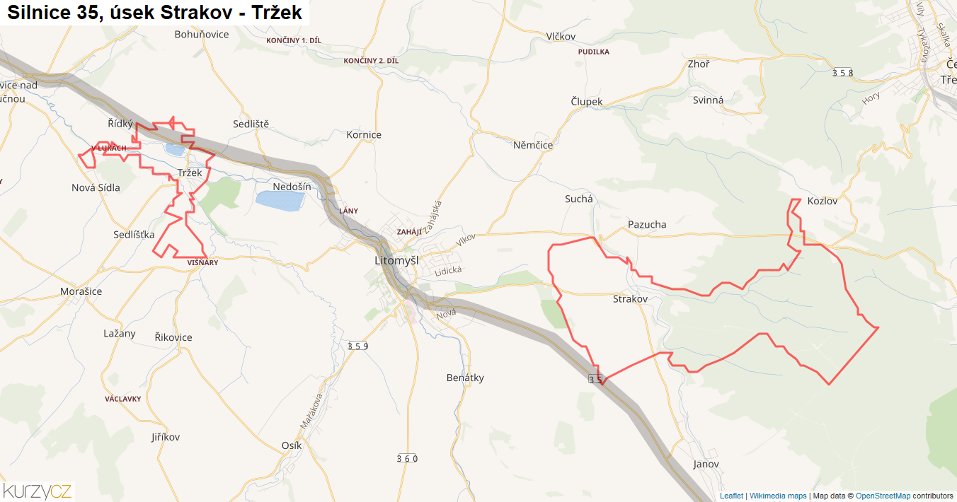 Úsek Strakov - Tržek, Silnice 35 - Mapa