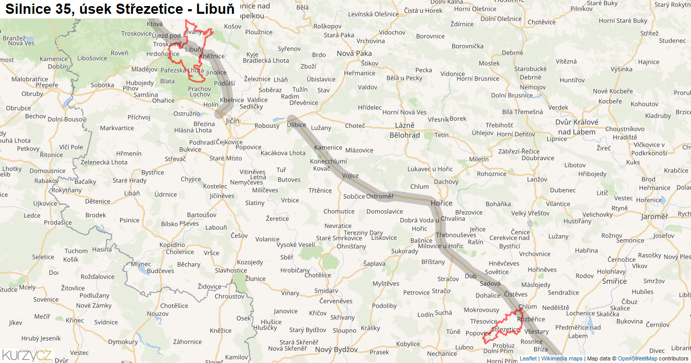 Úsek Střezetice - Libuň, Silnice 35 - Mapa