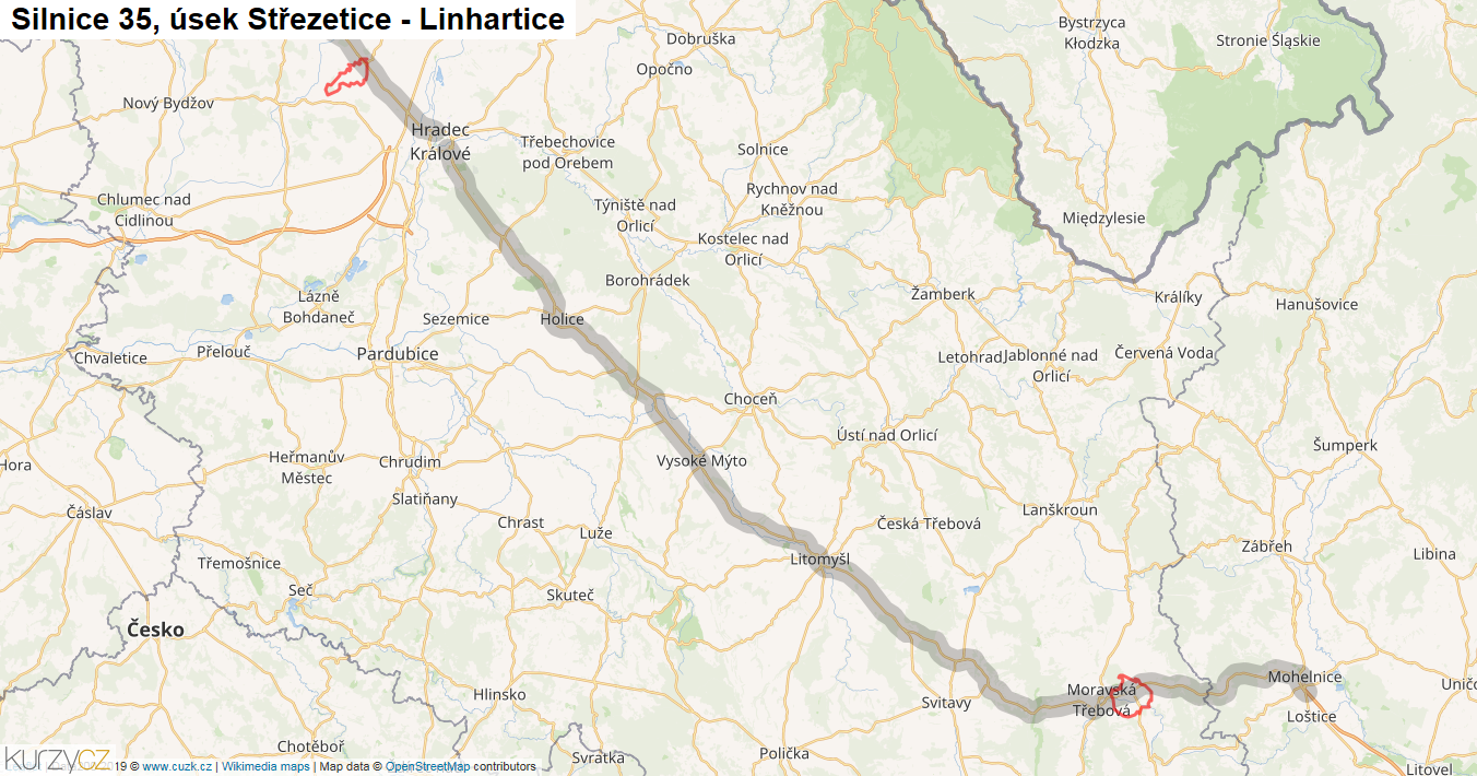 Úsek Střezetice - Linhartice, Silnice 35 - Mapa