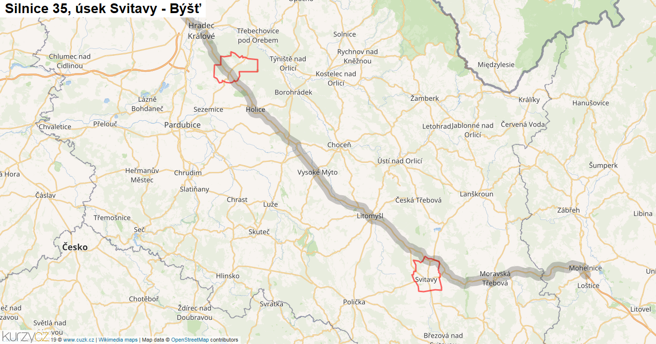 Úsek Svitavy - Býšť, Silnice 35 - Mapa