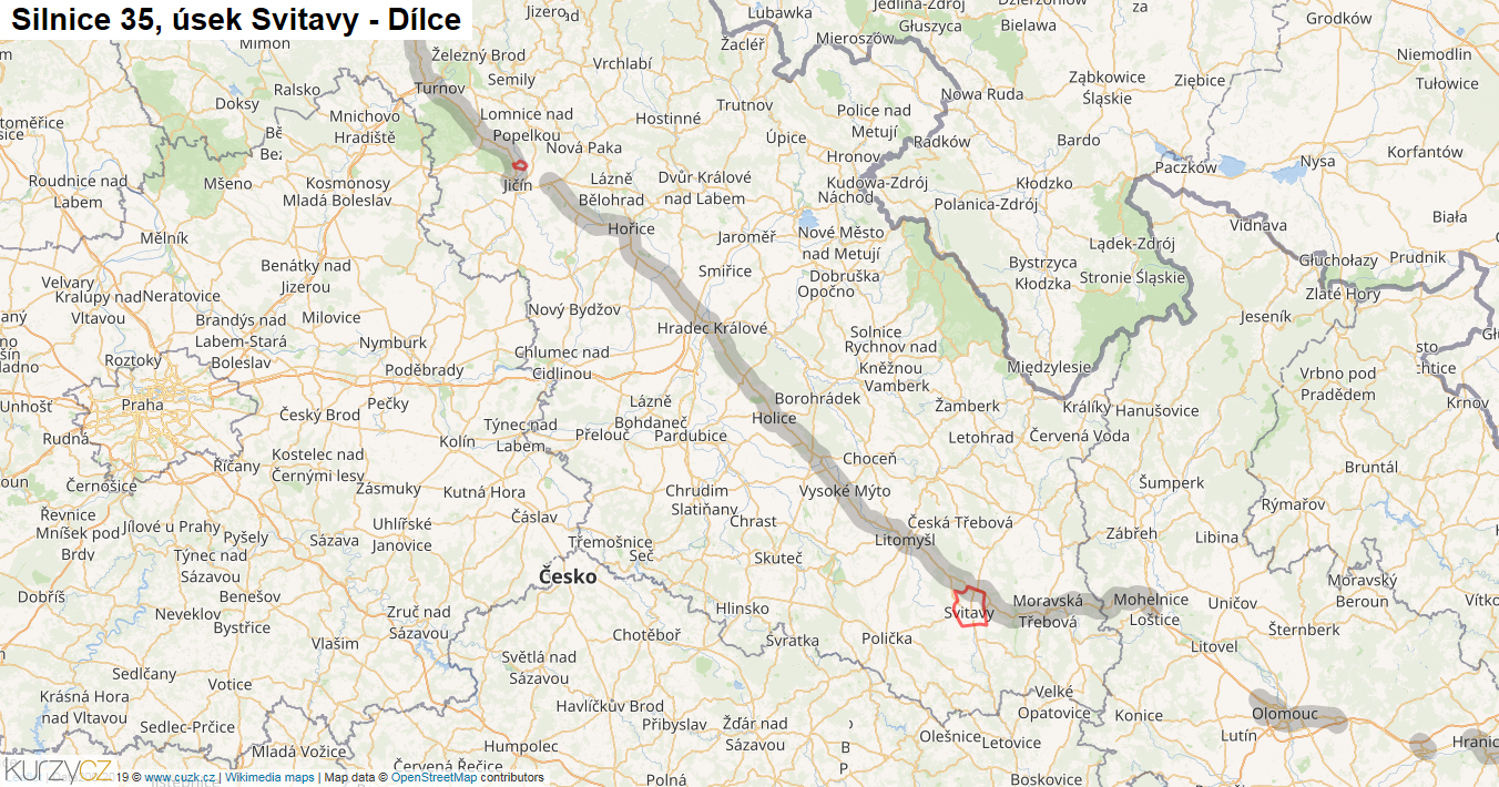 Úsek Svitavy - Dílce, Silnice 35 - Mapa