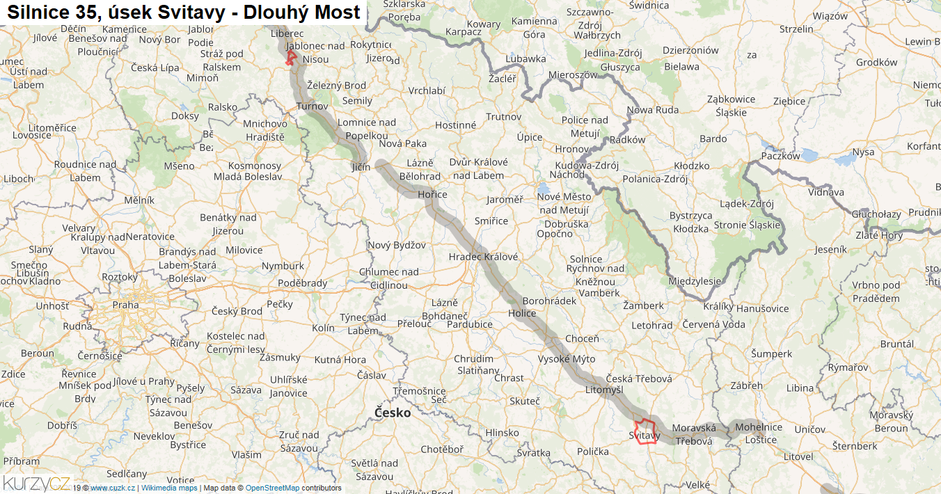 Úsek Svitavy - Dlouhý Most, Silnice 35 - Mapa