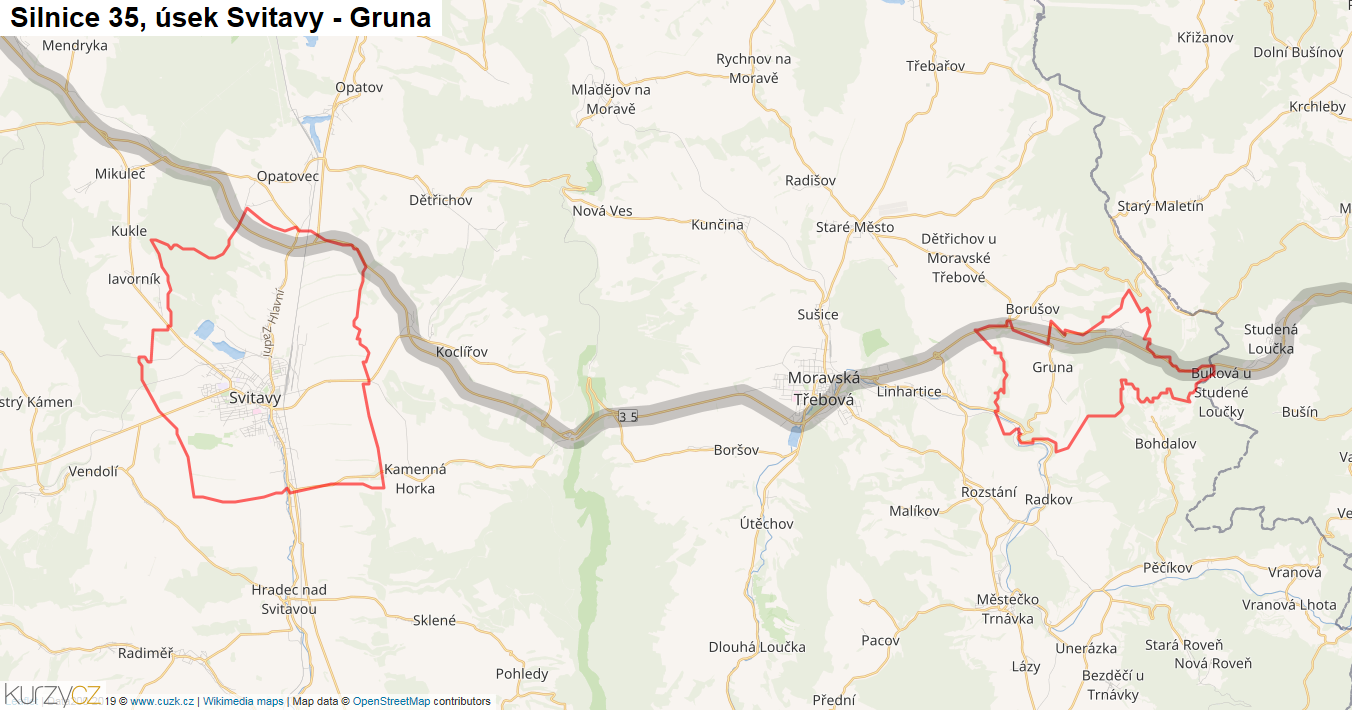 Úsek Svitavy - Gruna, Silnice 35 - Mapa