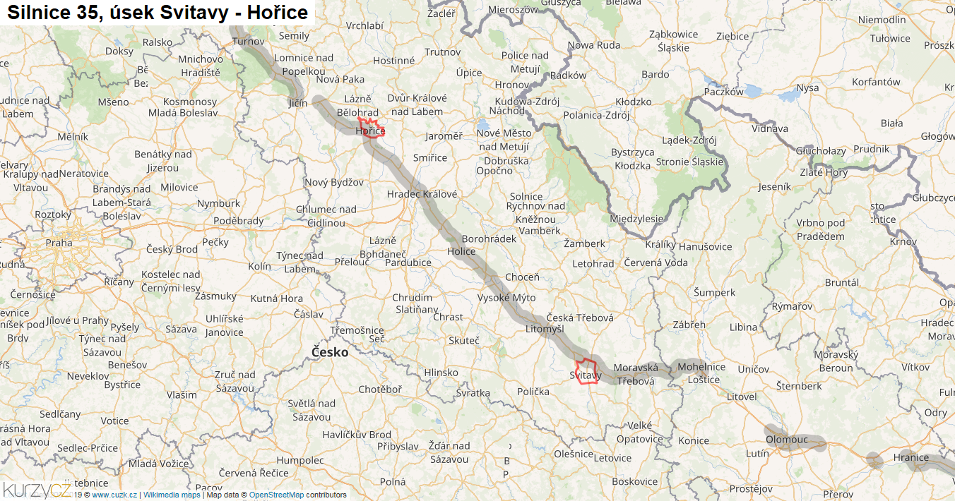 Úsek Svitavy - Hořice, Silnice 35 - Mapa