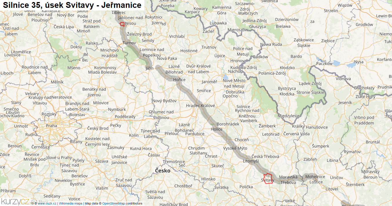 Úsek Svitavy - Jeřmanice, Silnice 35 - Mapa
