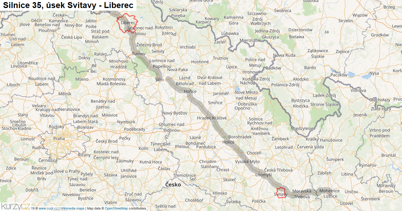Úsek Svitavy - Liberec, Silnice 35 - Mapa