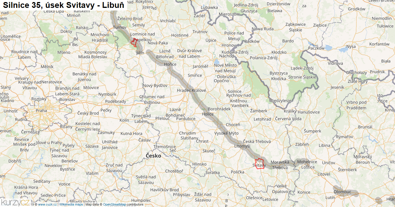 Úsek Svitavy - Libuň, Silnice 35 - Mapa