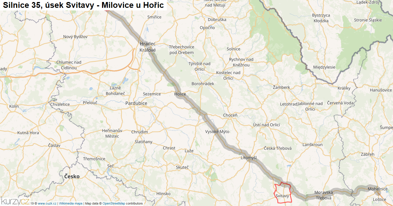 Úsek Svitavy - Milovice u Hořic, Silnice 35 - Mapa