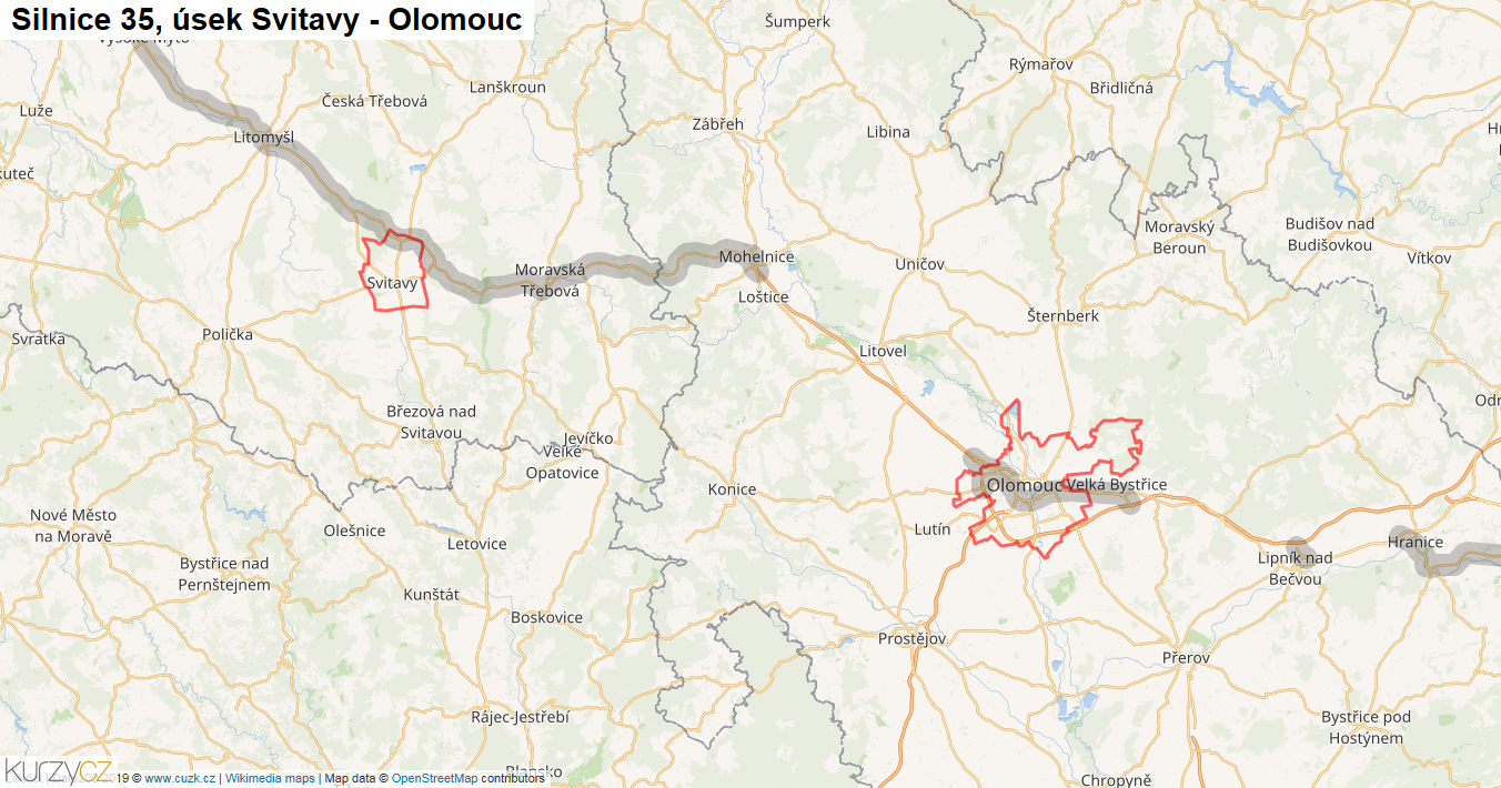 Úsek Svitavy - Olomouc, Silnice 35 - Mapa