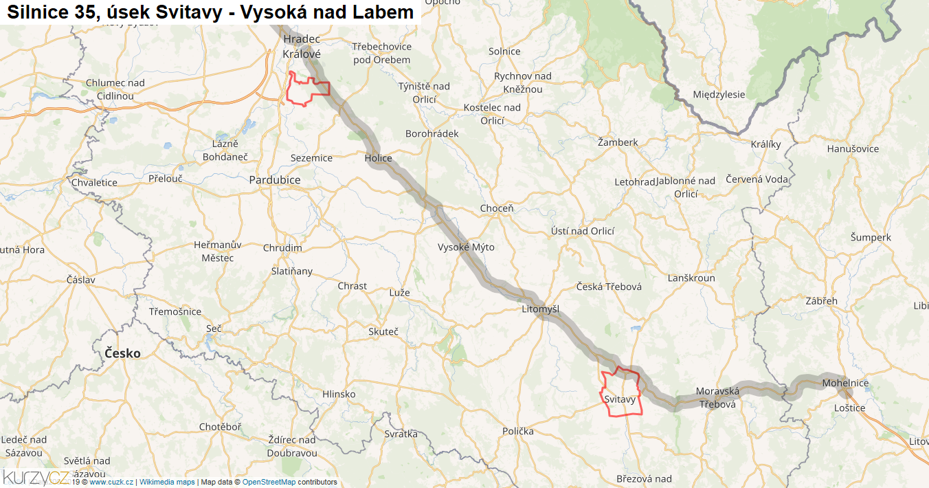 Úsek Svitavy - Vysoká nad Labem, Silnice 35 - Mapa