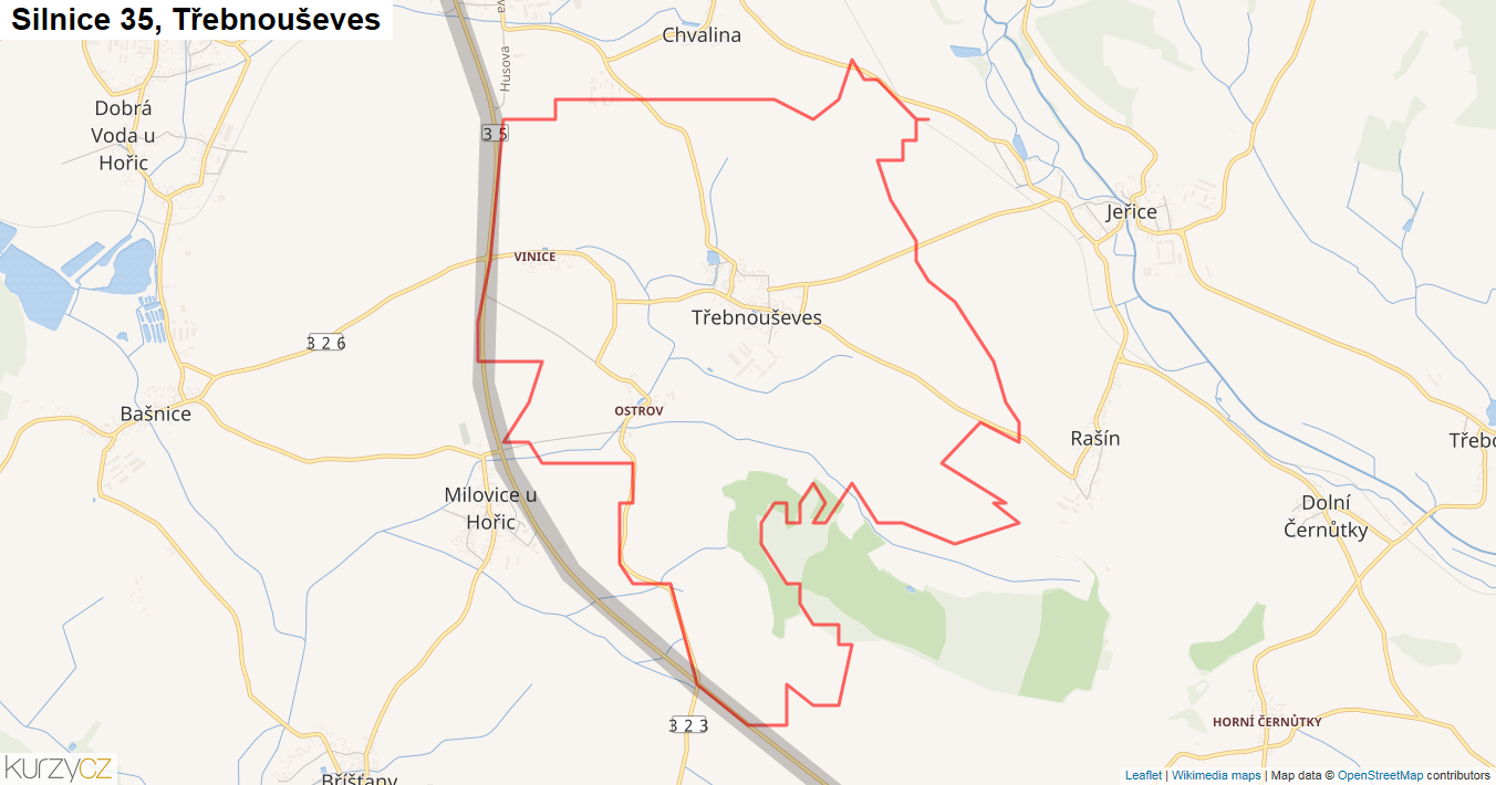 Třebnouševes, Silnice 35 - Mapa
