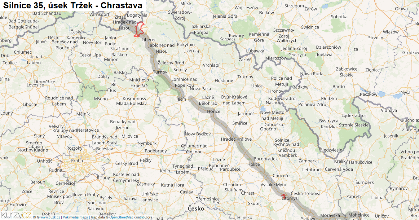 Úsek Tržek - Chrastava, Silnice 35 - Mapa