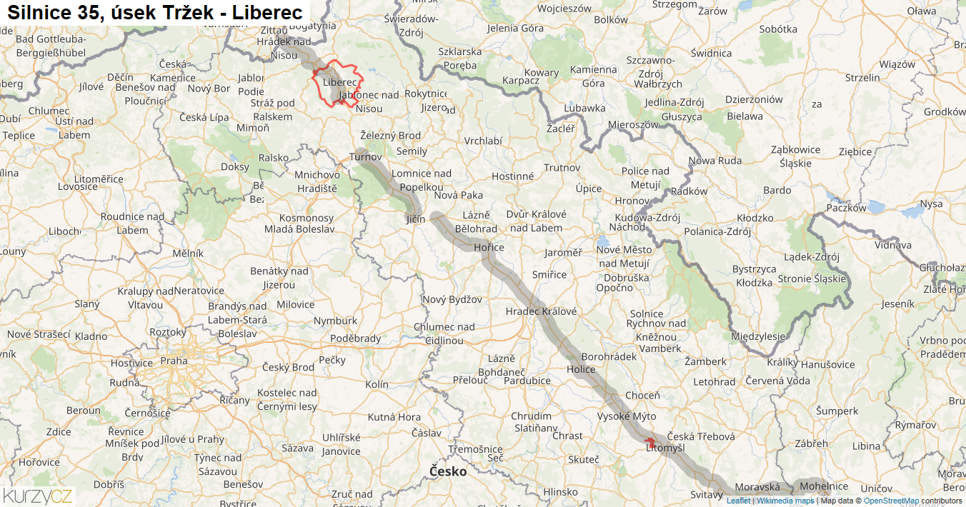 Úsek Tržek - Liberec, Silnice 35 - Mapa