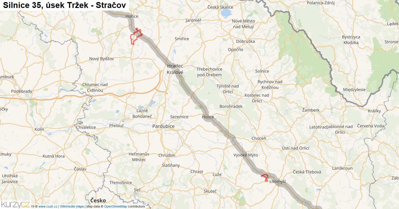 Úsek Tržek - Stračov, Silnice 35 - Mapa