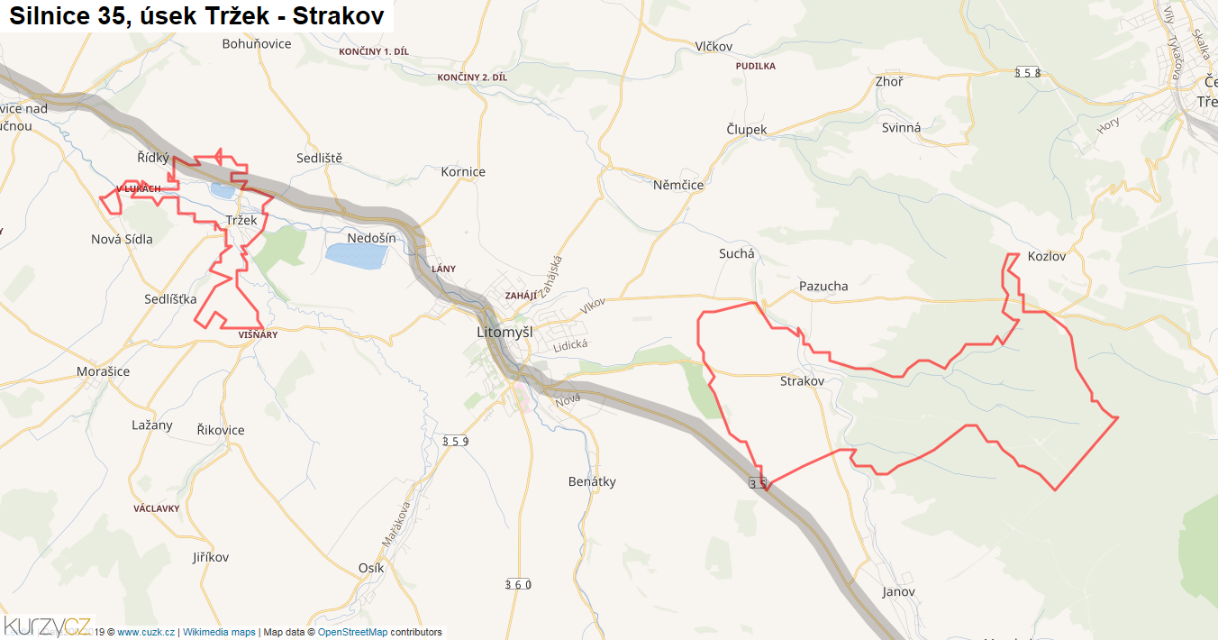 Úsek Tržek - Strakov, Silnice 35 - Mapa
