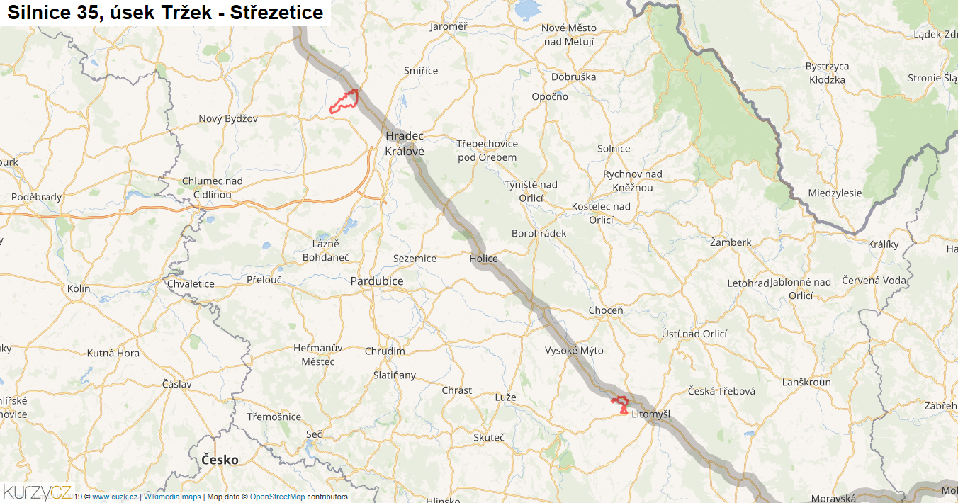 Úsek Tržek - Střezetice, Silnice 35 - Mapa