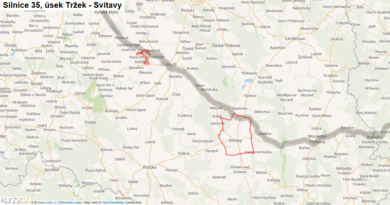 Úsek Tržek - Svitavy, Silnice 35 - Mapa